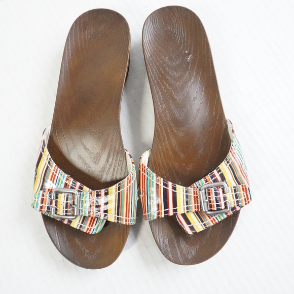 Dr Scholls Multi Color Striped Buckle Slide Sandals Wood Grain Sole Size 8 - Picture 2 of 9